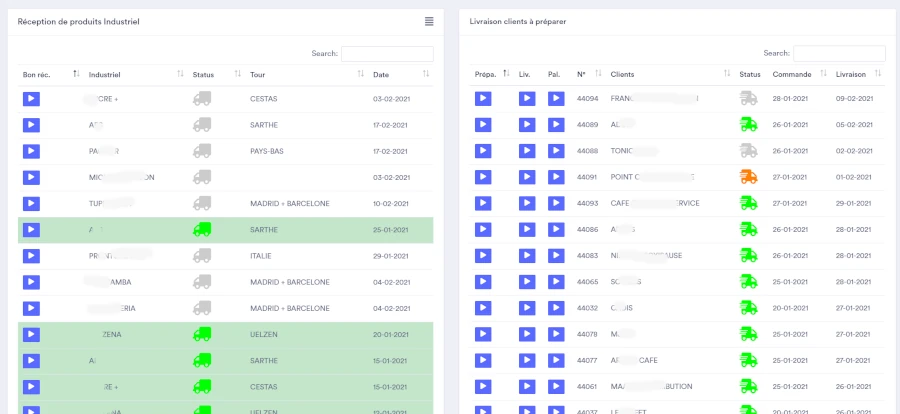 Capture d'écran : Tableau de bord des commands en réception et en préparation